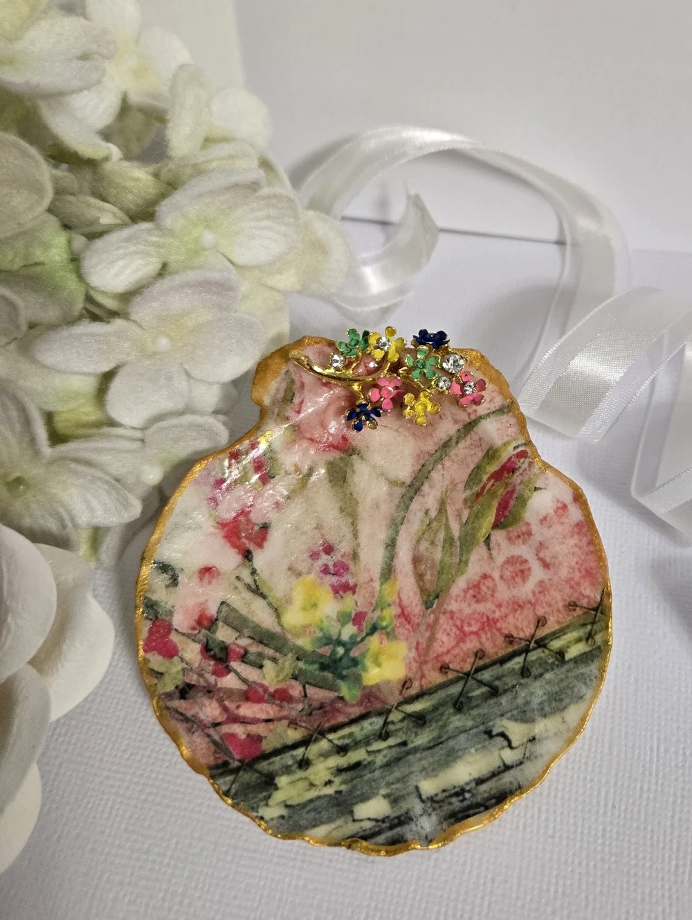 Hand Gilded Upcycled Jewelry Art Decoupage Shell Trinket Dish - Micro Florals